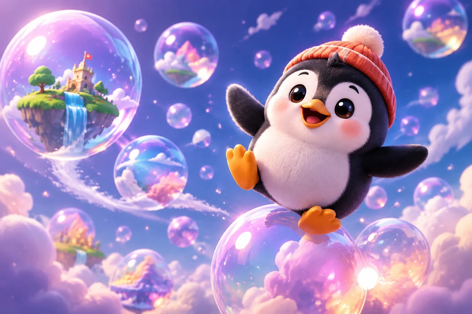 A joyful penguin bouncing across glowing bubble worlds