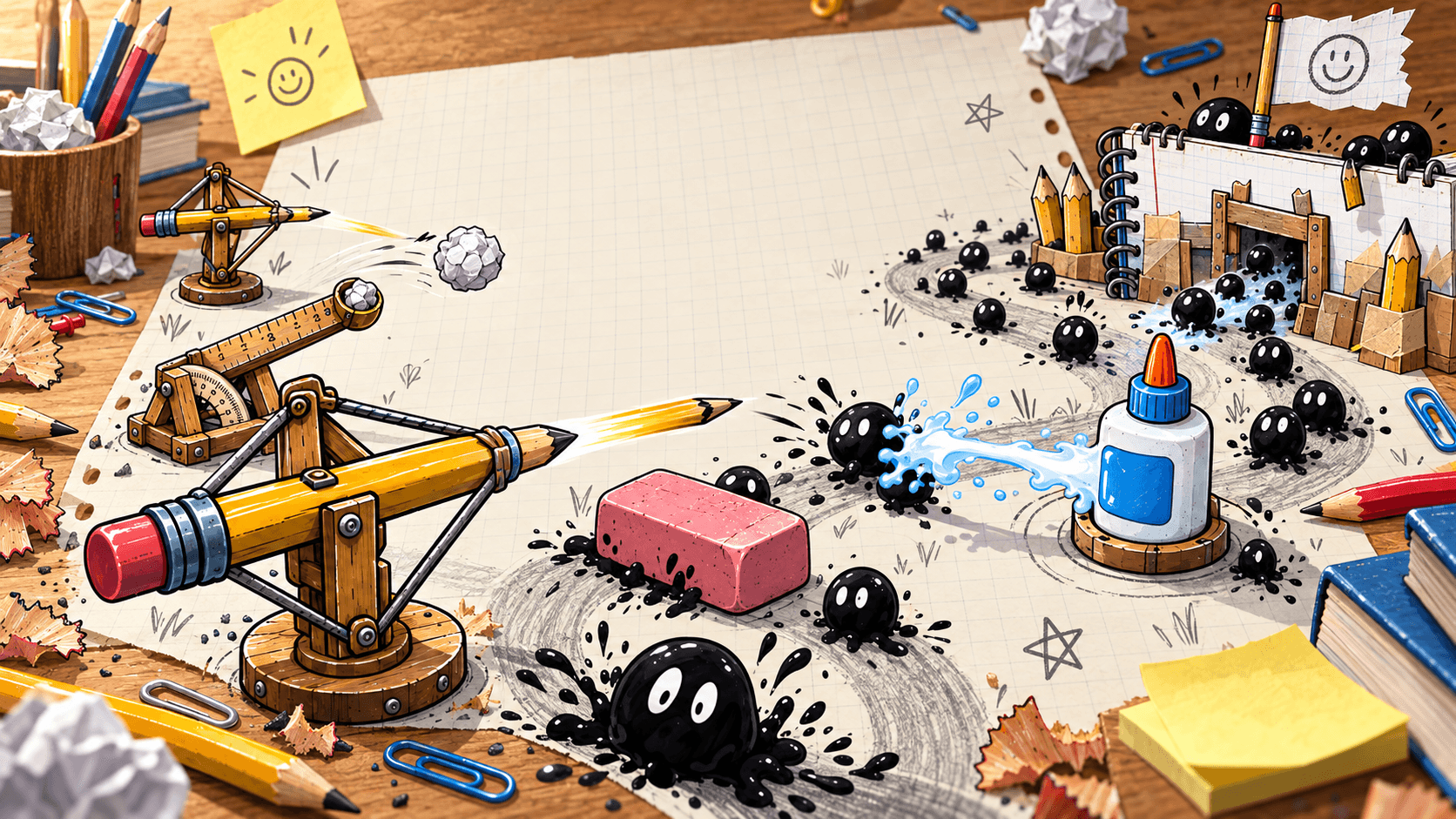 Desk Doodle Defense artwork with hand-drawn pencil launchers, paper balls, ink creatures, an eraser, and glue on a school desk