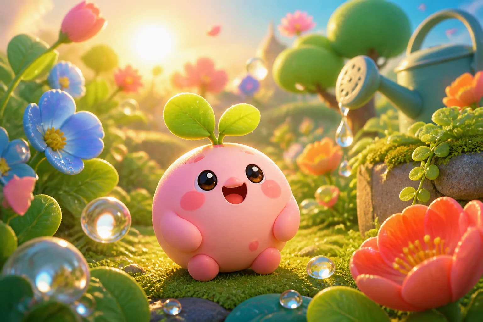 A tiny pink sprout creature in a glowing garden