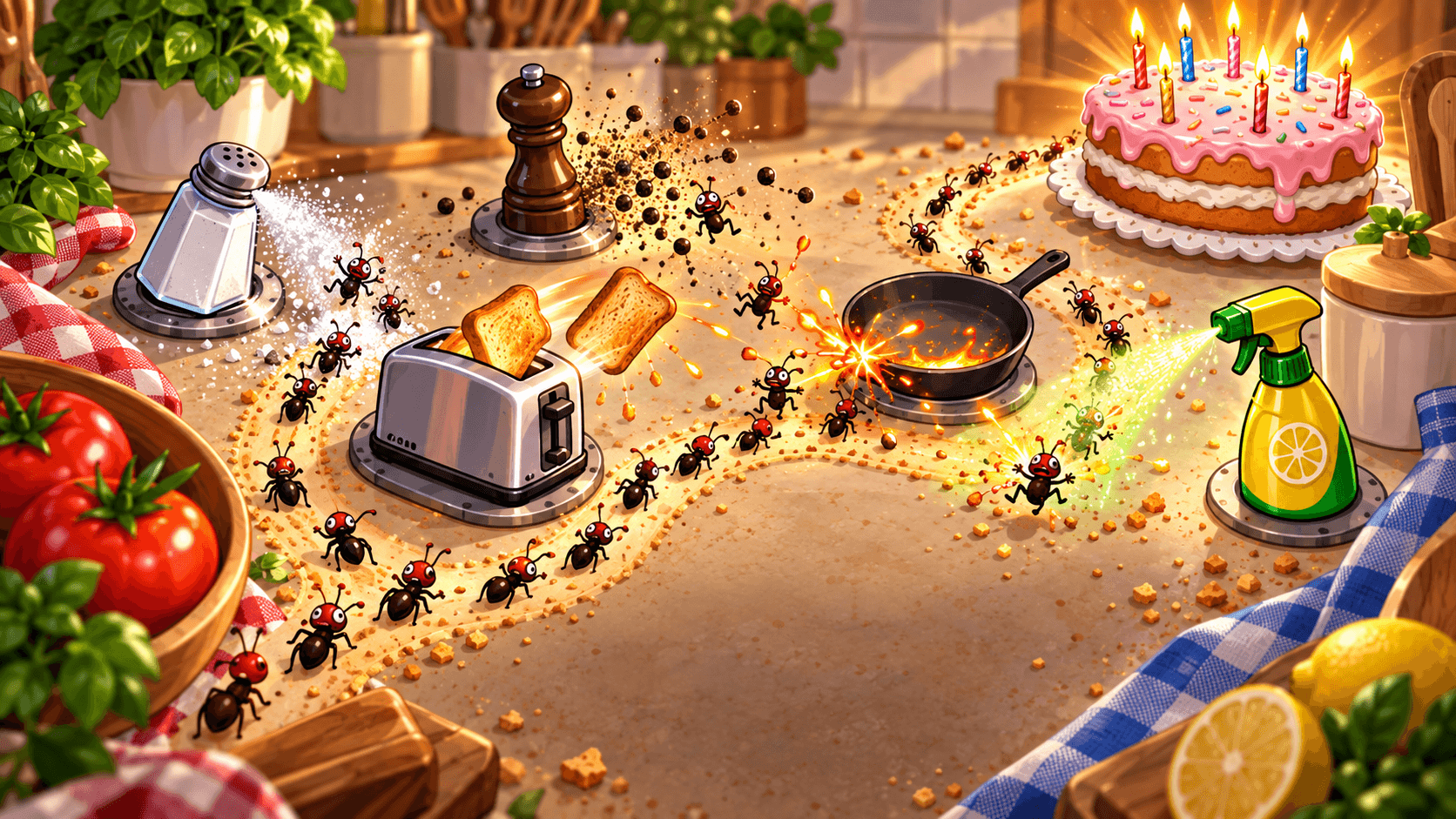 Kitchen Defense artwork showing kitchen tools protecting a birthday cake from a winding wave of ants