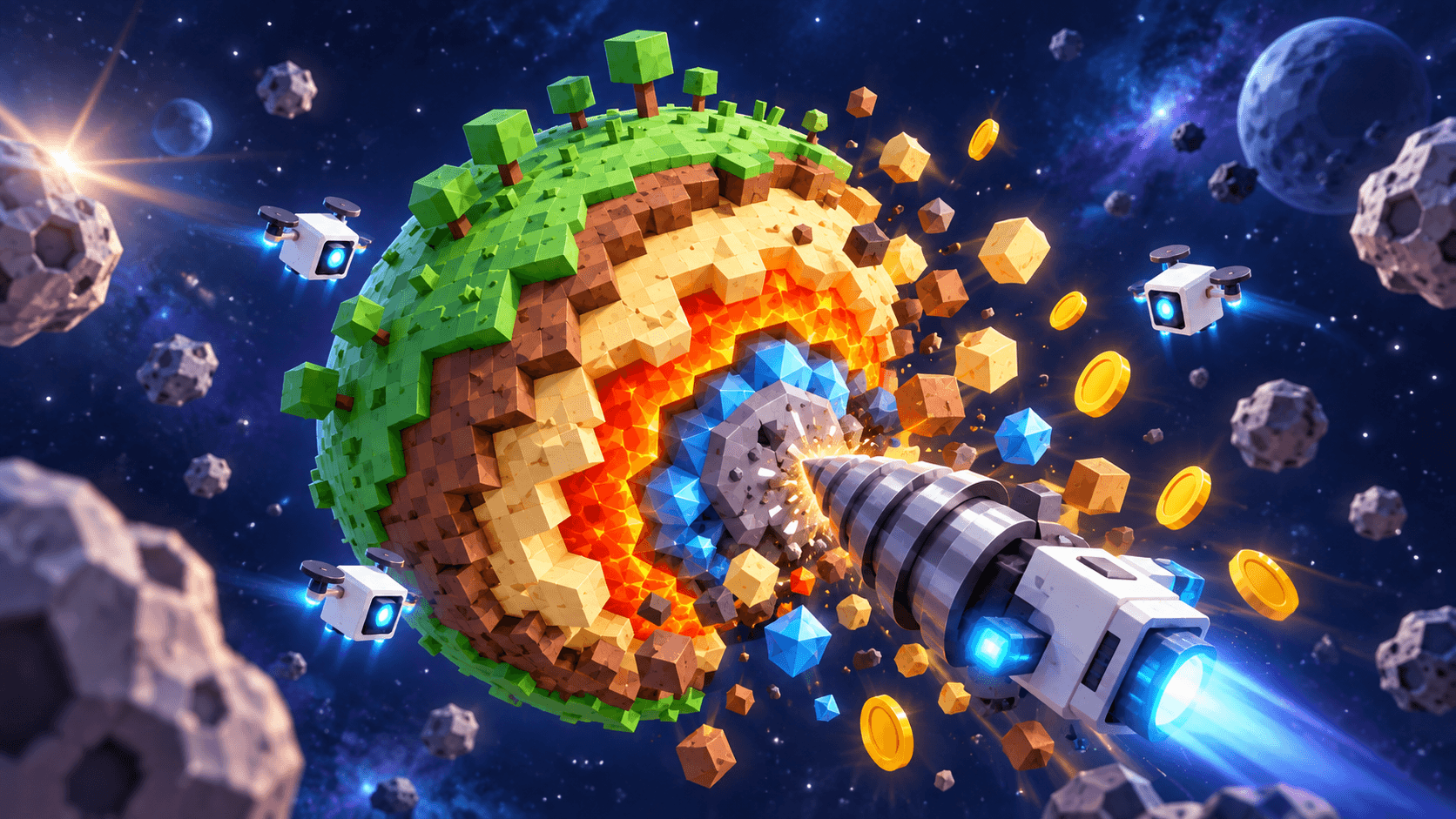 Planet Destroyer Cubecraft artwork showing a colorful block-built planet being mined layer by layer in space
