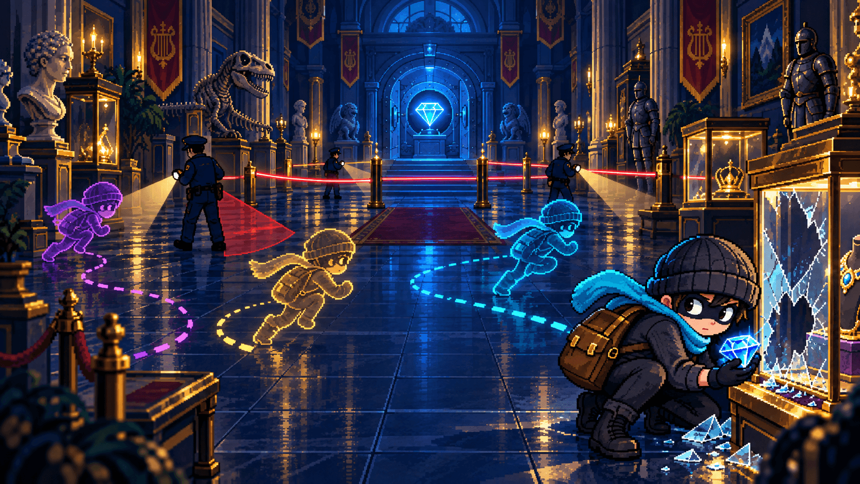 Time Loop Thief pixel artwork showing a masked thief and time echoes sneaking through a guarded museum