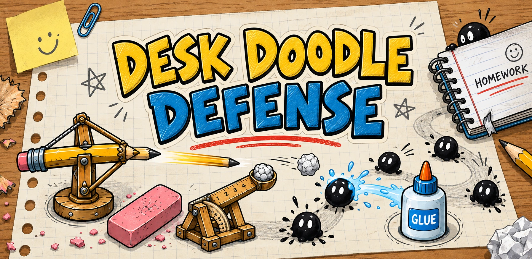 Desk Doodle Defense: pencil towers and ink creatures on a sketchbook