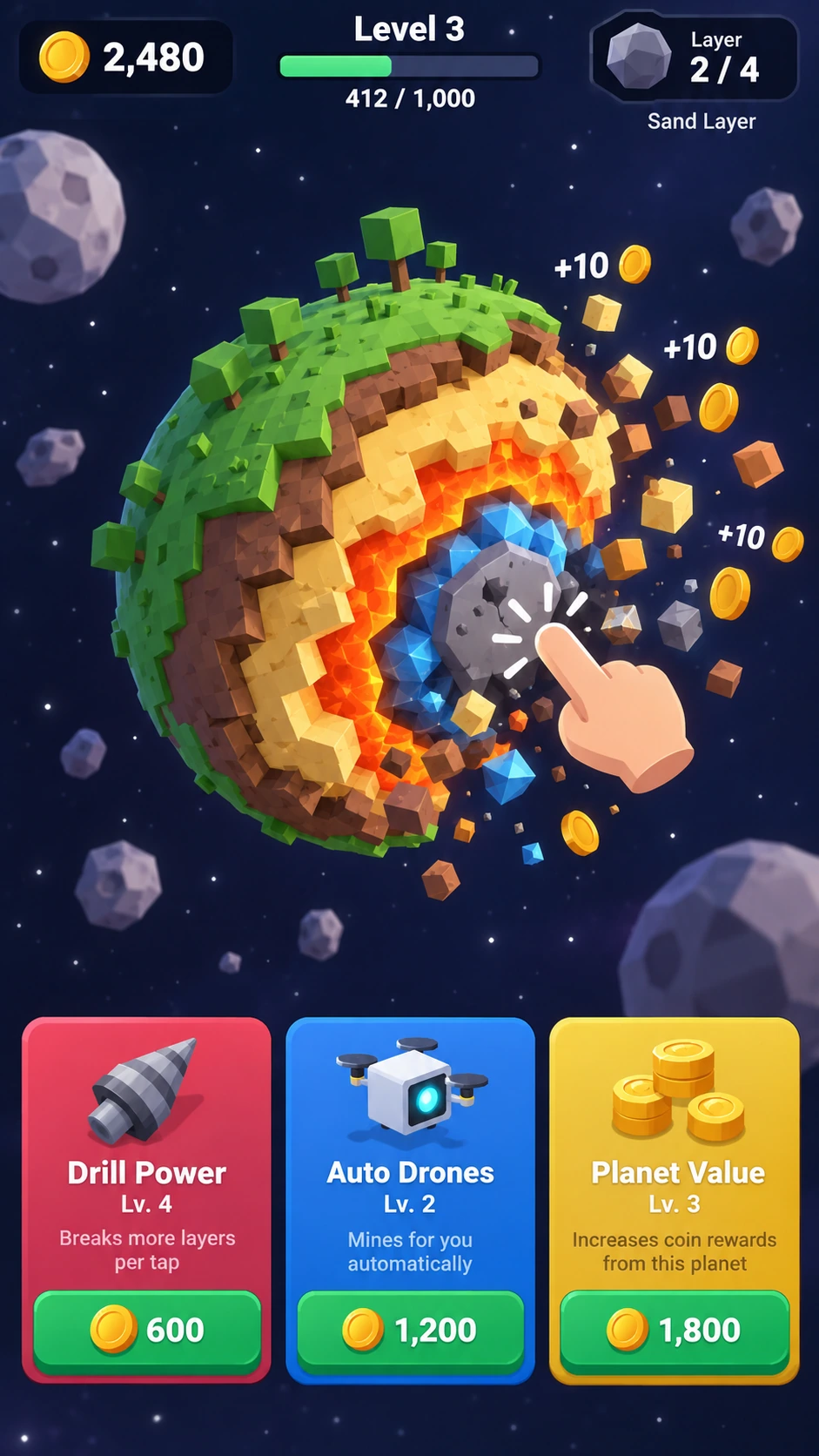 Planet Destroyer Cubecraft: a colorful voxel planet being tapped apart