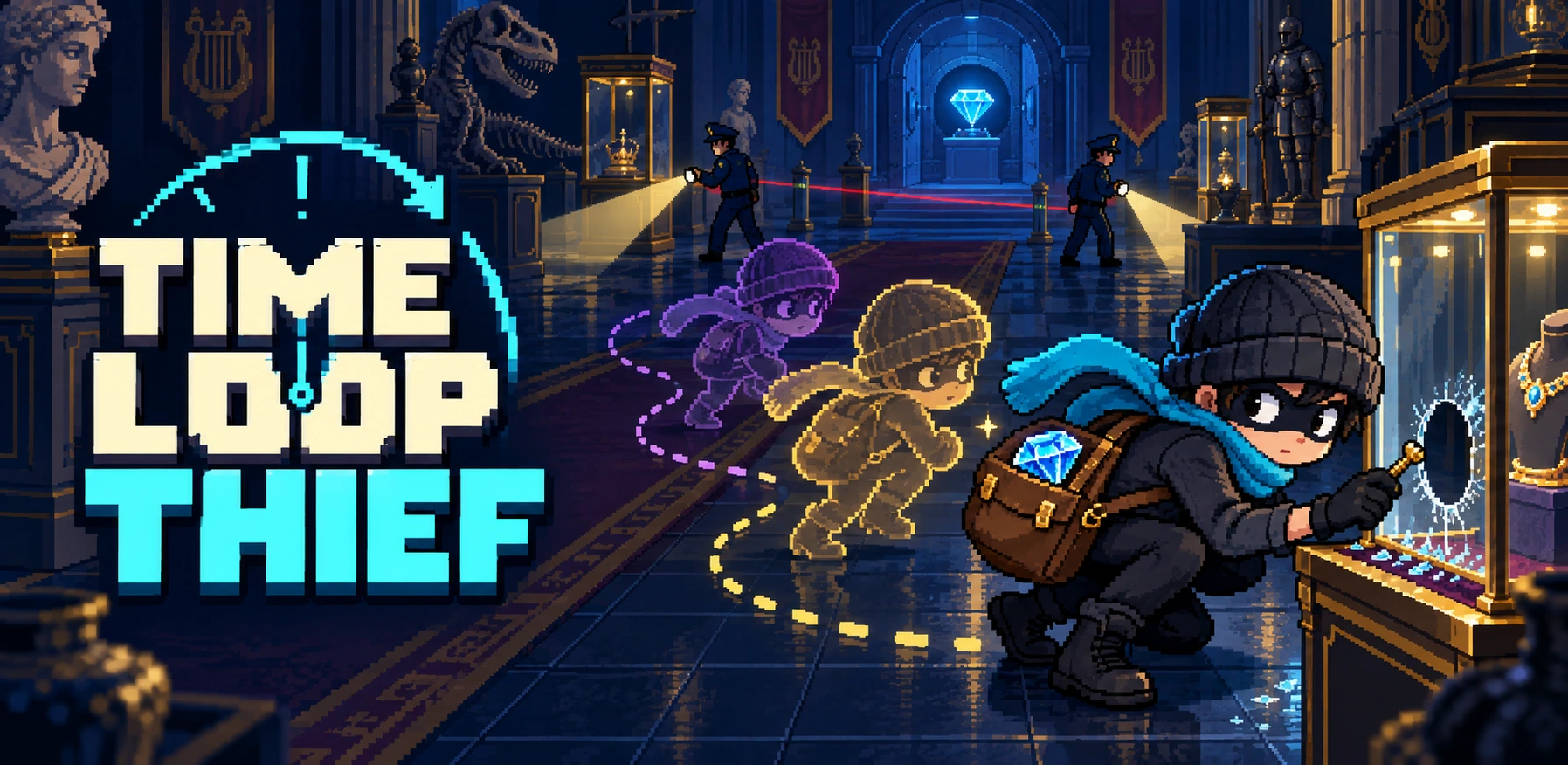 Time Loop Thief: a pixel art thief in a glowing museum